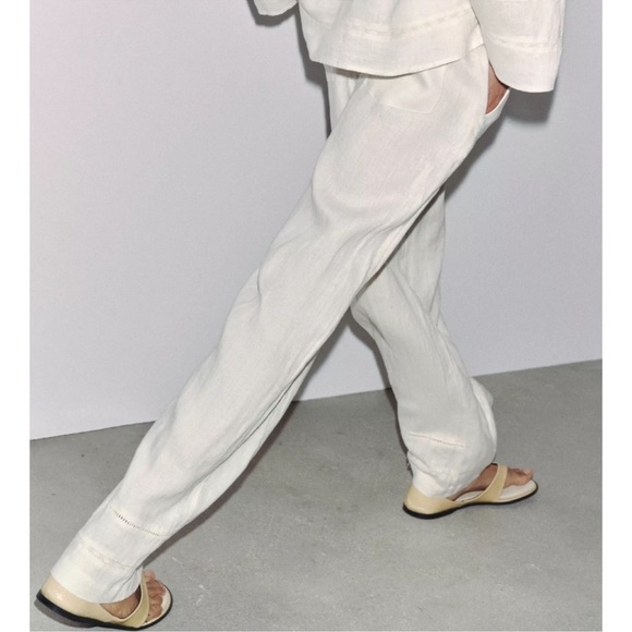 Zara 100% linen drawstring pants ladder stitch - Picture 4 of 10